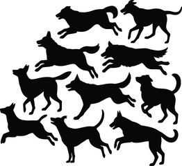 Dog silhouette set, dynamic pet poses, running and jumping motion, black vector illustration, canine movement, playful animal design