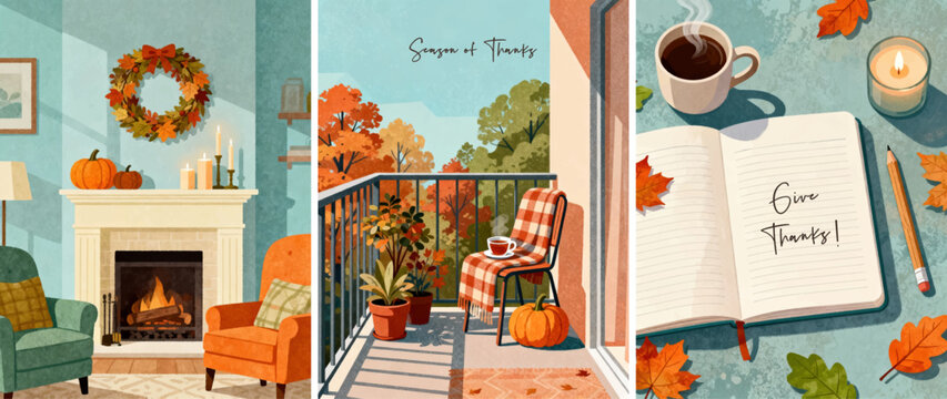 Cozy fall home interior, autumn balcony view, and Thanksgiving journaling illustration, warm seasonal atmosphere, gratitude theme, candles, pumpkins, foliage, and relaxing fall vibes greeting card.