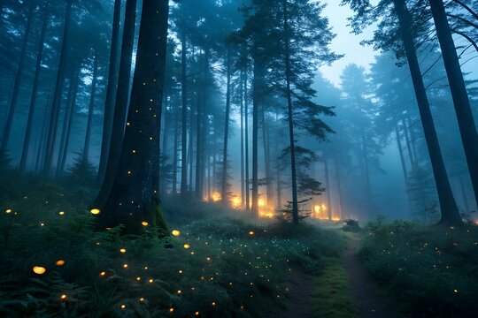 Enchanting mystical forest at dusk with glowing fireflies and ethereal warm lights illuminating a winding path through tall trees creating a magical atmosphere - Powered by Adobe