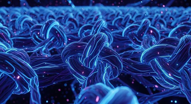 Intricate network of glowing blue digital threads interconnected in a futuristic abstract design.