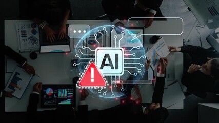 A dynamic business meeting scene with a focus on AI technology. Team members engage in discussion surrounded by data visualization and digital communication tools. Raster - Powered by Adobe