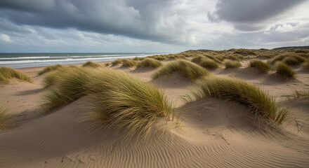 Dramatic coastal landscape with sand dunes and stormy sky.