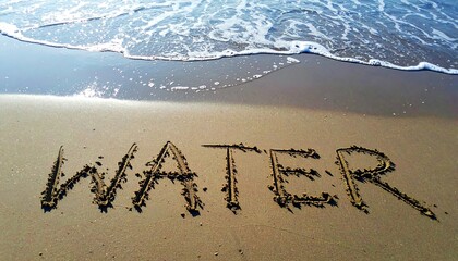Water inscription on the beach with ocean wave approaching.