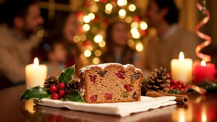 Festive holiday gathering with Christmas cake candles and joyful ambiance