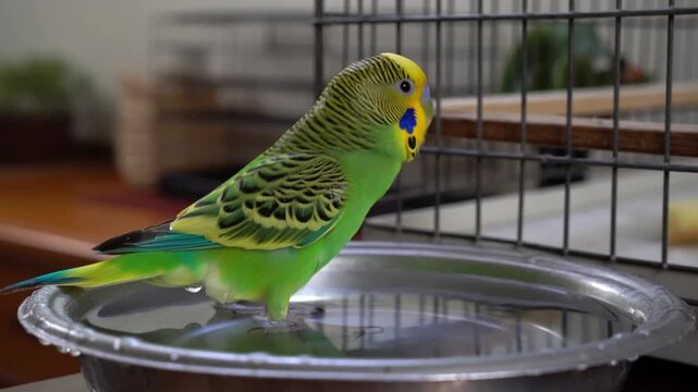 A charming parakeet perched on the edge of its water bowl, looking alert. The bird boasts a vibrant green and yellow plumage Stock Video