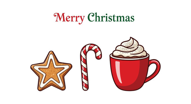 Merry christmas with gingerbread star, candy cane, and hot chocolate