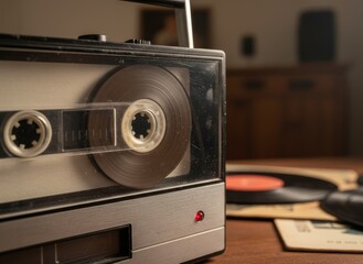 Retro Sounds: Close-up of a Vintage Cassette Player with Records in the Background on a Wooden Table