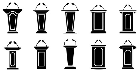 Fototapeta premium Collection of ten black and white podium and lectern icons with microphones