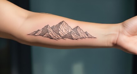 Mountain tattoo on female's arm - detailed black line art