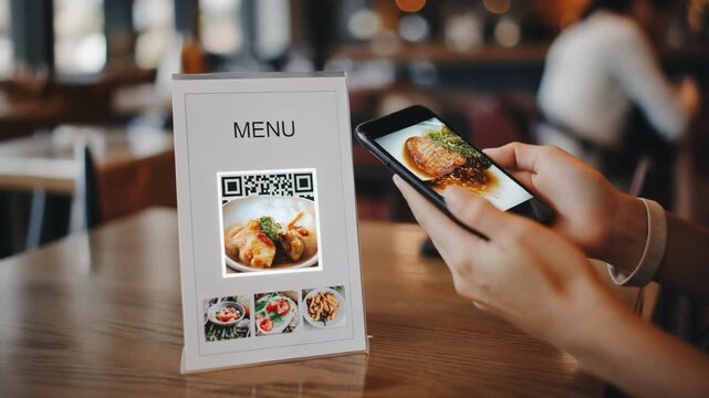 Person scanning a QR code menu with a smartphone at a restaurant table, displaying food images on screen in a modern digital dining environment.