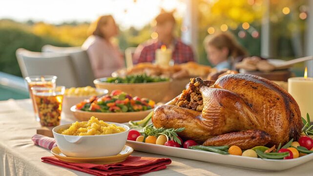Roasted turkey with herb stuffing platter surrounded by vegetables, corn, mashed potato bowl, salad, green bean side dish, candles, drinks, family gathered outdoors sunset celebrating autumnal