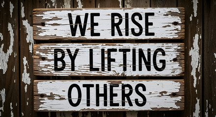 Inspiring rustic wooden sign proclaiming 'We Rise By Lifting Others' evokes community and mutual support