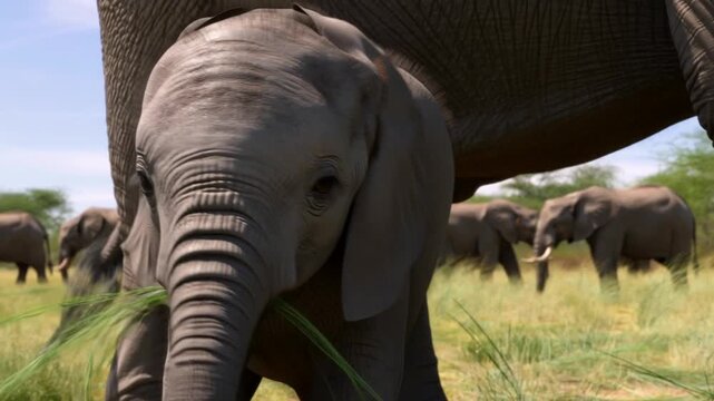 A baby elephant eats grass in a grassy field, under the protection of an adult elephant. The herd of elephants is visible in the background Stock Video