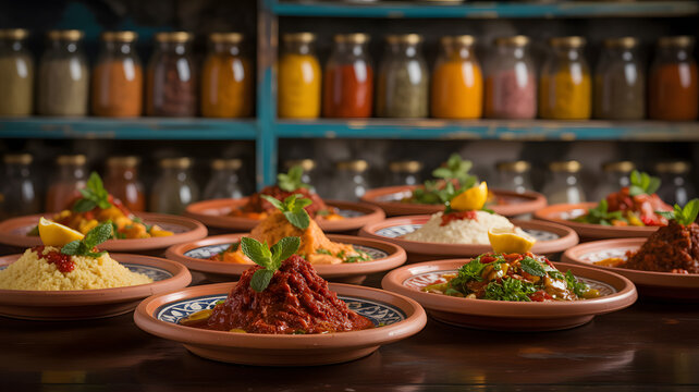 Moroccan dishes served on rustic plates with vibrant spices and fresh herbs