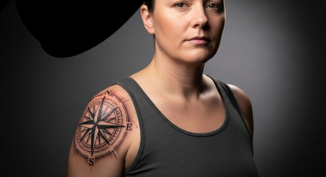 Young caucasian female with compass tattoo on shoulder in studio portrait