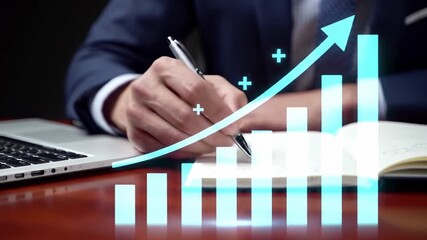 Close up on a business person's hand writing in a notebook with laptop. An upward trending bar graph with cyan accents overlays the scene on a wooden desk. - Powered by Adobe