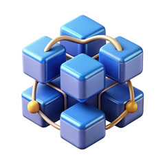 Abstract 3d cube structure made of blue blocks, isolated on transparent background