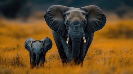 Obraz premium Elephant mother and baby walking in the African savanna, a heartwarming scene.