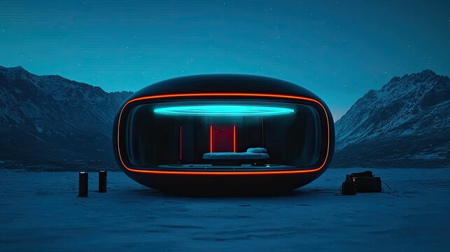 Futuristic Capsule Hotel Room with Neon Lights and Mountain View.