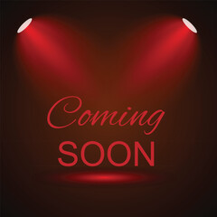 Coming soon message illuminated by spotlights on a dark red gradient background.
