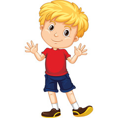 Smiling Young Boy With Blond Hair Wearing Red T Shirt And Blue Shorts Waving His Hands Happily With White Background