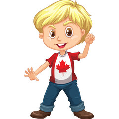 Smiling Young Boy With Blond Hair Wearing a Red Shirt With a Maple Leaf and Blue Jeans Standing on a Transparent Background