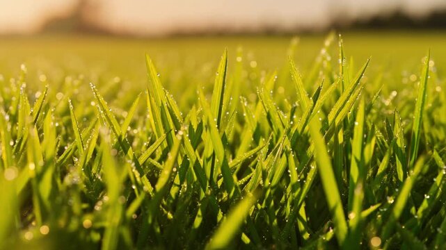 Close-up view of fresh blades of grass bathed in sunlight, capturing the essence of nature's beauty and tranquility Stock Video