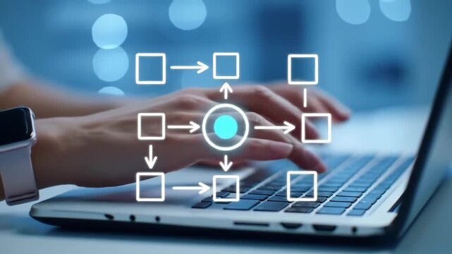 Close up of person typing on laptop with a flowchart diagram displayed on the screen, enhanced by a bokeh lights background showcasing technology and business.