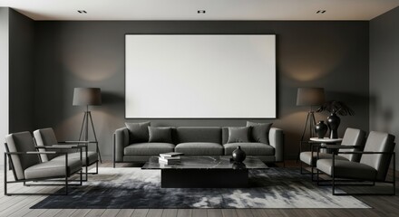 Modern minimalist living room with sleek black and gray furniture and large blank white wall