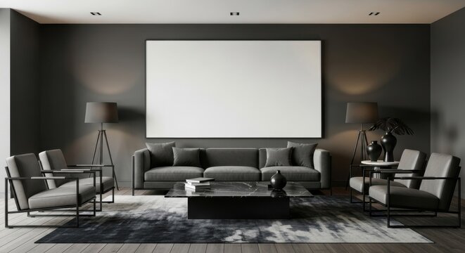 Modern minimalist living room with sleek black and gray furniture and large blank white wall