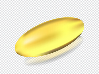 Golden oil capsule of vitamin A, E, Omega 3 or collagen. Vector realistic mockup of medical pill with fish fat or organic cosmetic oil. Clear yellow tablets isolated on transparent background