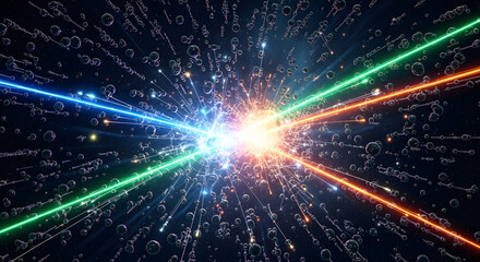 Fototapeta premium A swirling storm of microscopic particles suspended in motion, illuminated by radiant energy beams. 