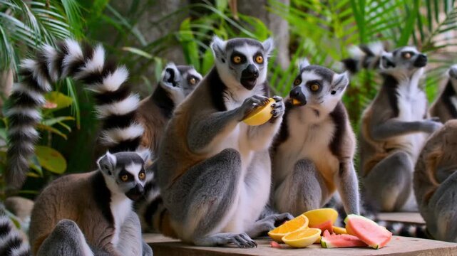 A group of ring-tailed lemurs enjoying a fresh fruit feast in their natural habitat Stock Video