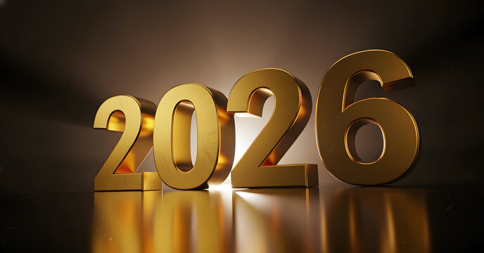Golden 2026 numeric digits with reflection on a sleek surface