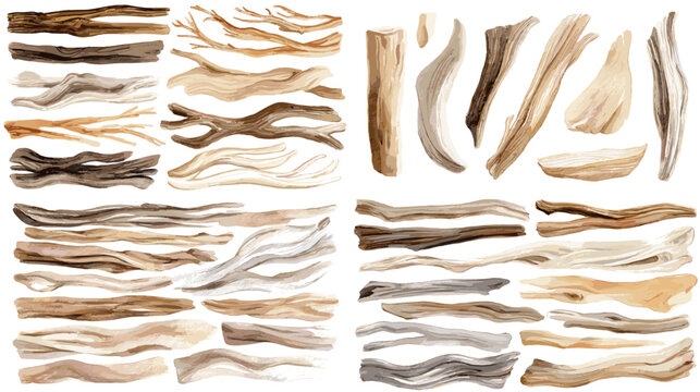 Watercolor driftwood pieces in tan, beige, and gray with natural grain and weathered texture. Beach wood elements isolated on white for rustic branding, frames, and backgrounds.