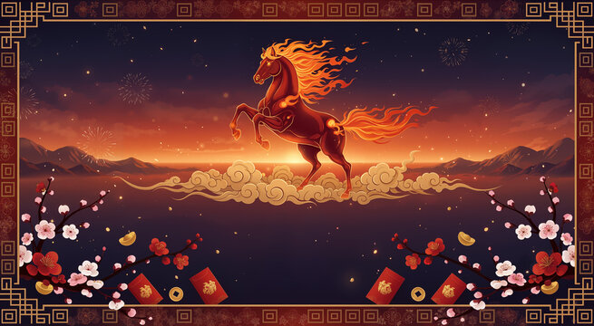 2026 Chinese Lunar New Year of the Fire Horse background. Traditional Asian design with running mythical animal, clouds, peonies, and a decorative border for celebration posters and cards. - Powered by Adobe