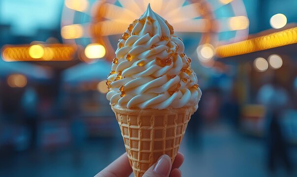 Delicious soft serve ice cream cone with caramel topping at amusement park