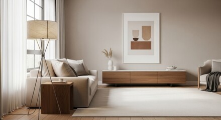 Fototapeta premium Modern minimalistic living room interior with neutral color palette and contemporary decor elements