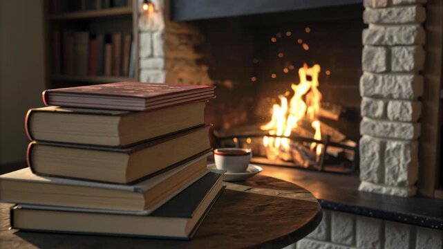 Cozy book stack by crackling fireplace with cup of coffee on wooden table in living room warm cozy reading scene with warm light and comfortable atmosphere