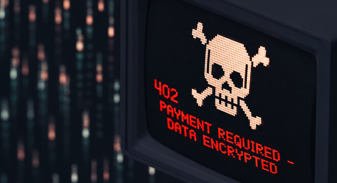 An encrypted data breach alert displayed on a digital screen, with a skull and crossbones icon symbolizing the potential hazards, highlighting the risks involved in data security.