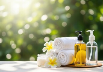 Spa still life with towels, flowers, and oil bottles in a serene setting