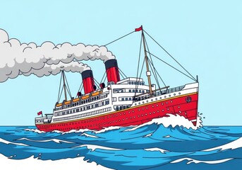 Cartoon illustration of a red steamship sailing on the blue ocean waves
