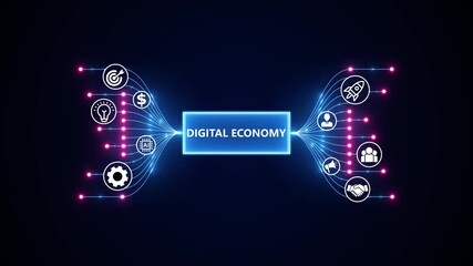 Digital Economy Growth and Innovation Concept. Optimization of business and production processes. Virtual network connecting service with graphical icons in various. - Powered by Adobe