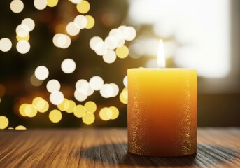 A glowing yellow candle on a wooden surface with blurred lights behind it
