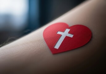 Closeup of a red heart with a white cross on a persons arm