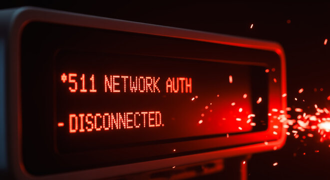 An Error message display and a sense of disruption through the striking glow of the alert on the machine. The technological detail and design of the machine are apparent and clear. - Powered by Adobe