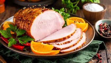 Festive Glazed Ham with Citrus and Herbs for Holiday Feast.