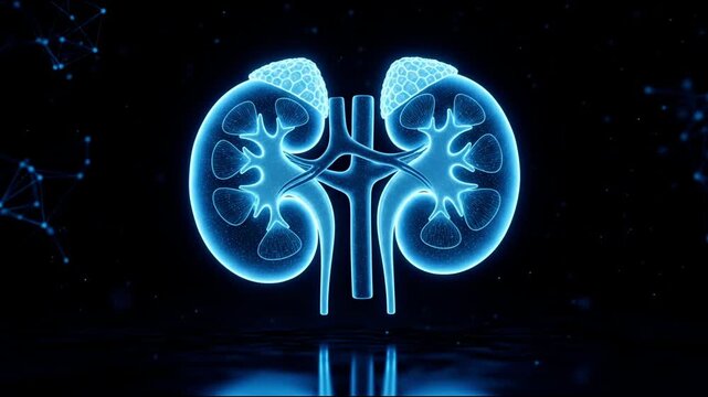 Futuristic 3D Holographic Visualization of Human Kidneys and Adrenal Glands in Dark Digital Space for Medical, Anatomy, Science, and Healthcare Technology Concepts