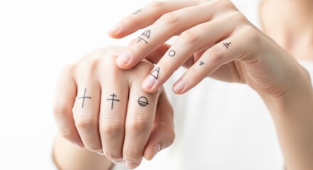 Fototapeta premium Minimalistic line tattoos on young asian female hands