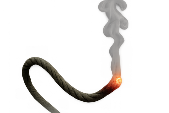 Burning fuse rope with embers and smoke on transparent background representing countdown and danger